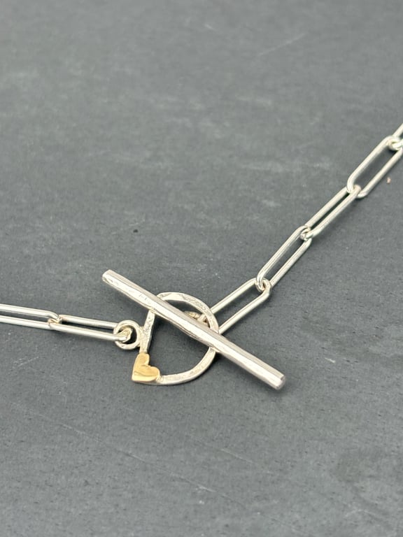 Gold Heart Fob Necklace, silver toggle necklace, delicate toggle chain, 