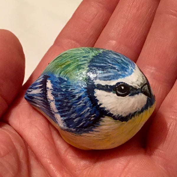 Bluetit bird painted pebble garden rock art wildlife portrait 