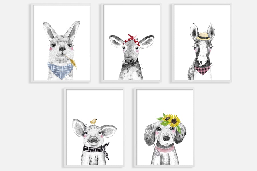 Watercolour  farm animals nursery prints, farm animals wall decor