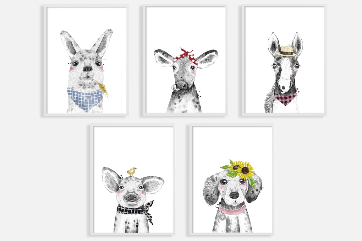 Watercolour  farm animals nursery prints, farm animals wall decor