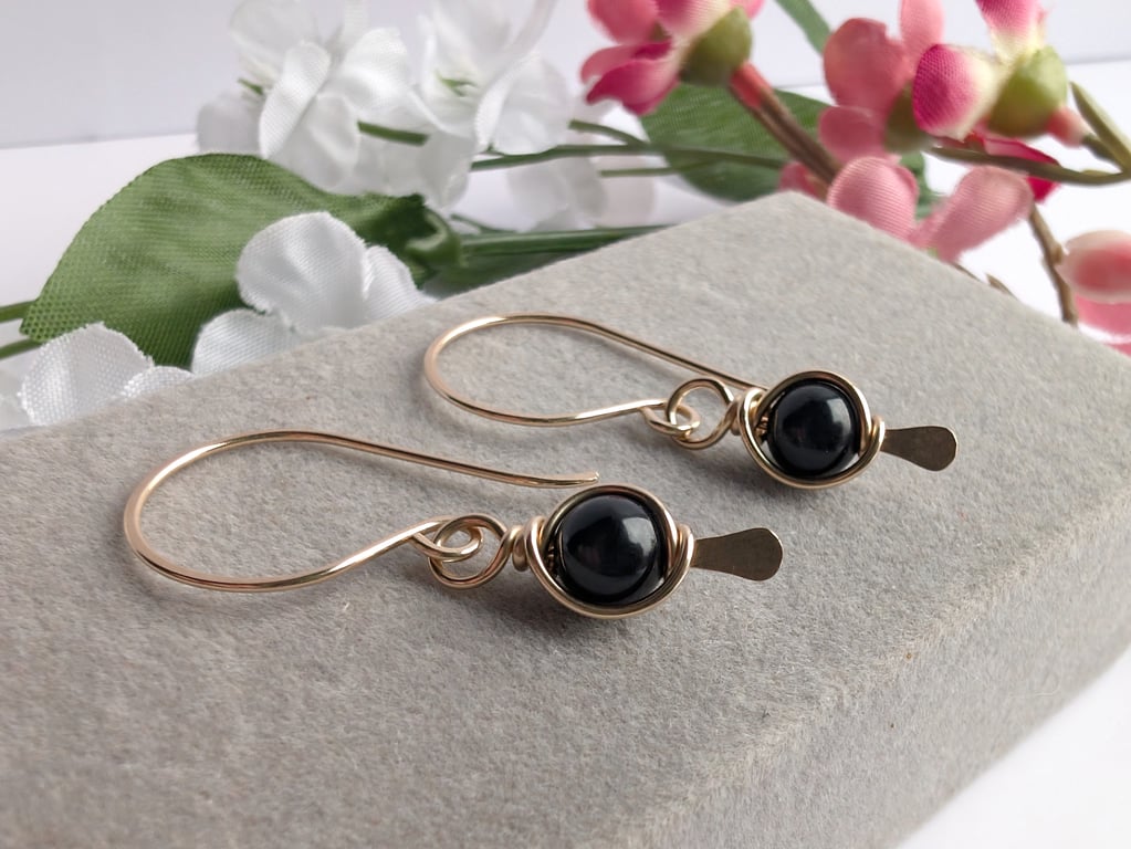 BLACK TOURMALINE Wire Wrapped Earrings 14K Gold Filled, October Birthstone