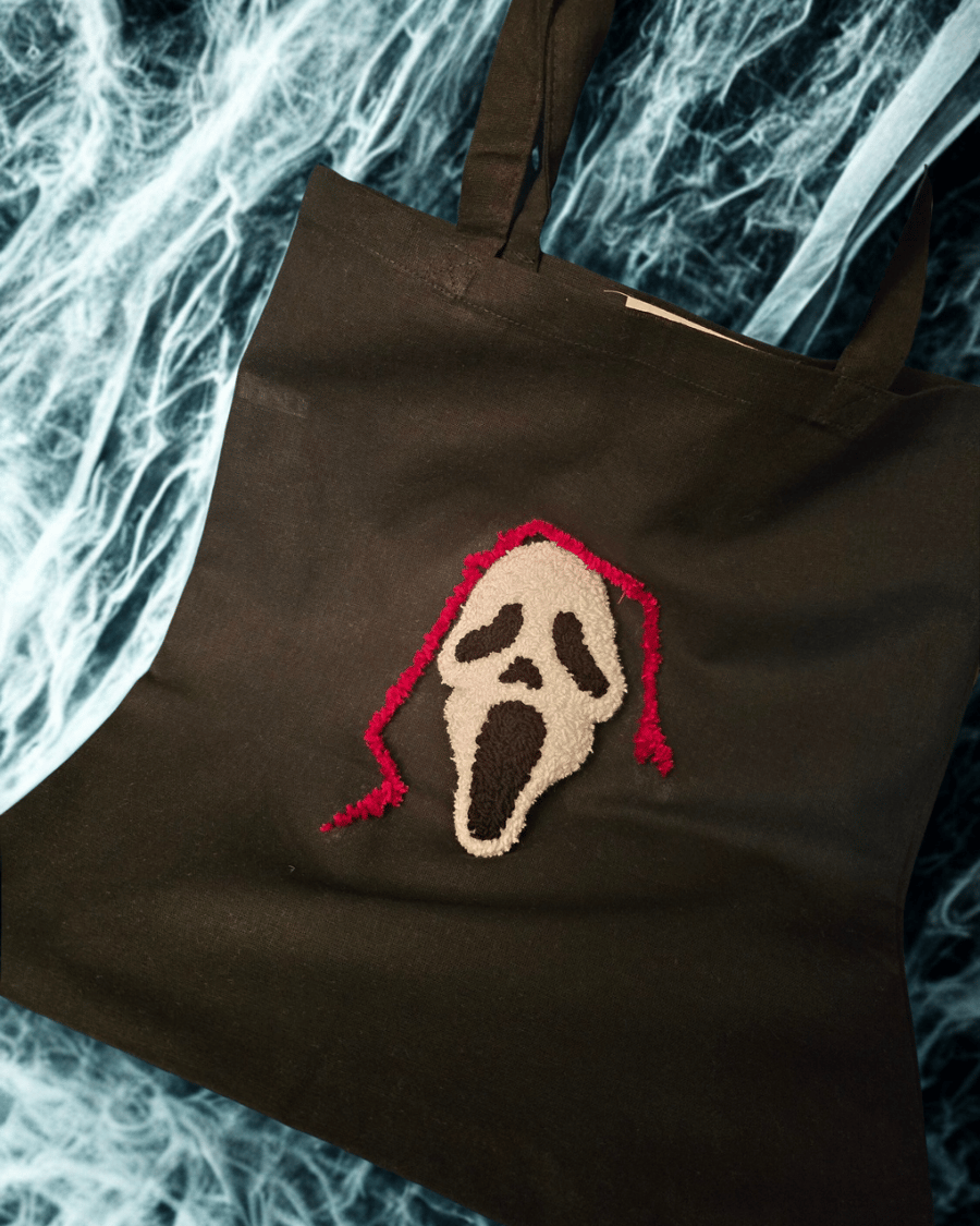 Punch Needle Black Cotton Scream Ghostface Tote Bag