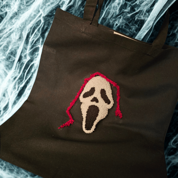 Punch Needle Black Cotton Scream Ghostface Tote Bag