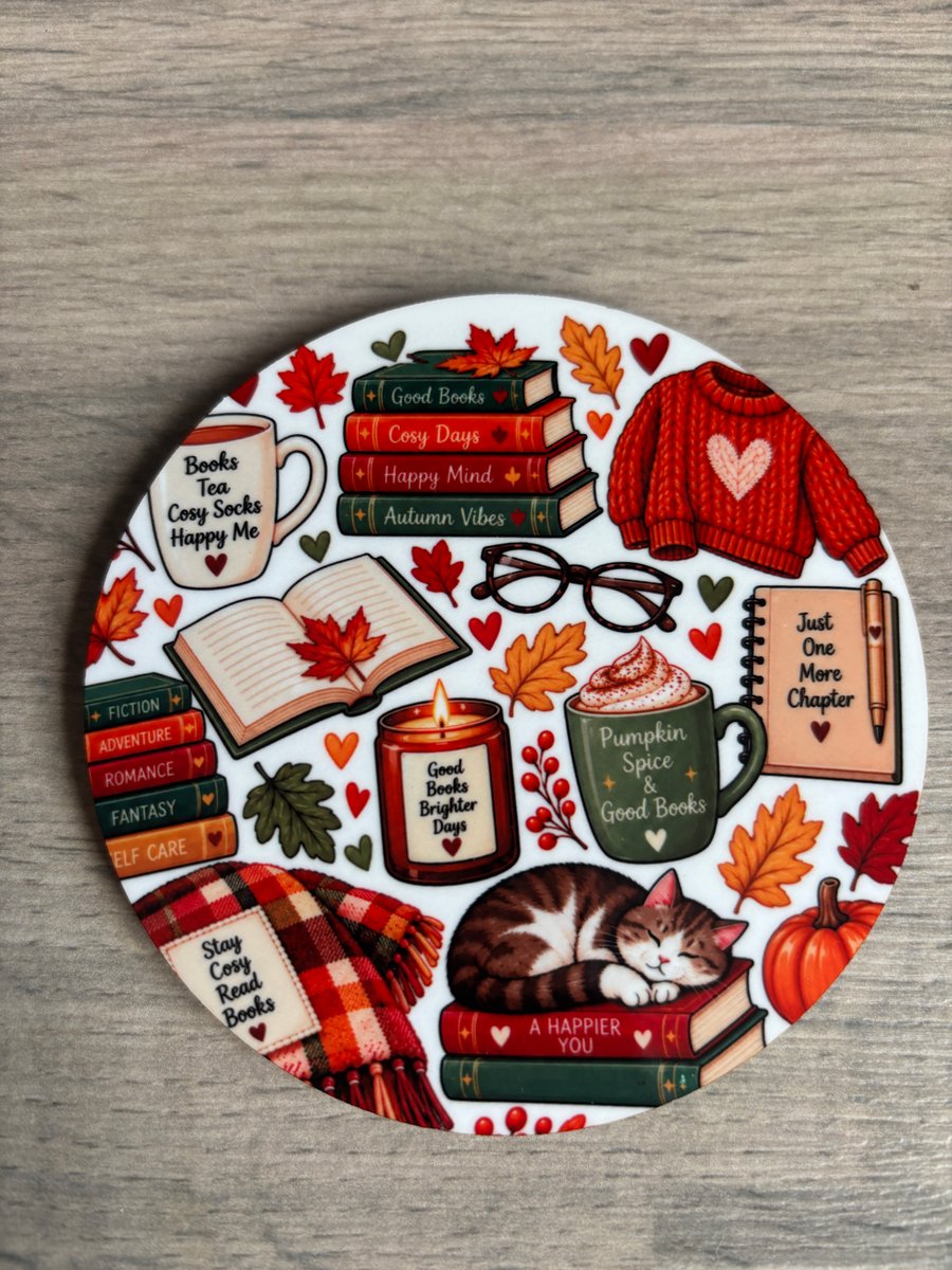 Cosy autumn reading inspired coaster, perfect cosy winter bookish gift
