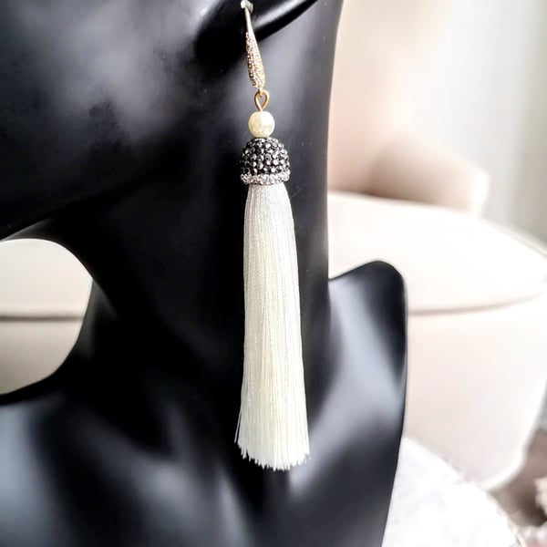 White Tassel Pearl Earrings Gold Plated Jewellery Gift For Her