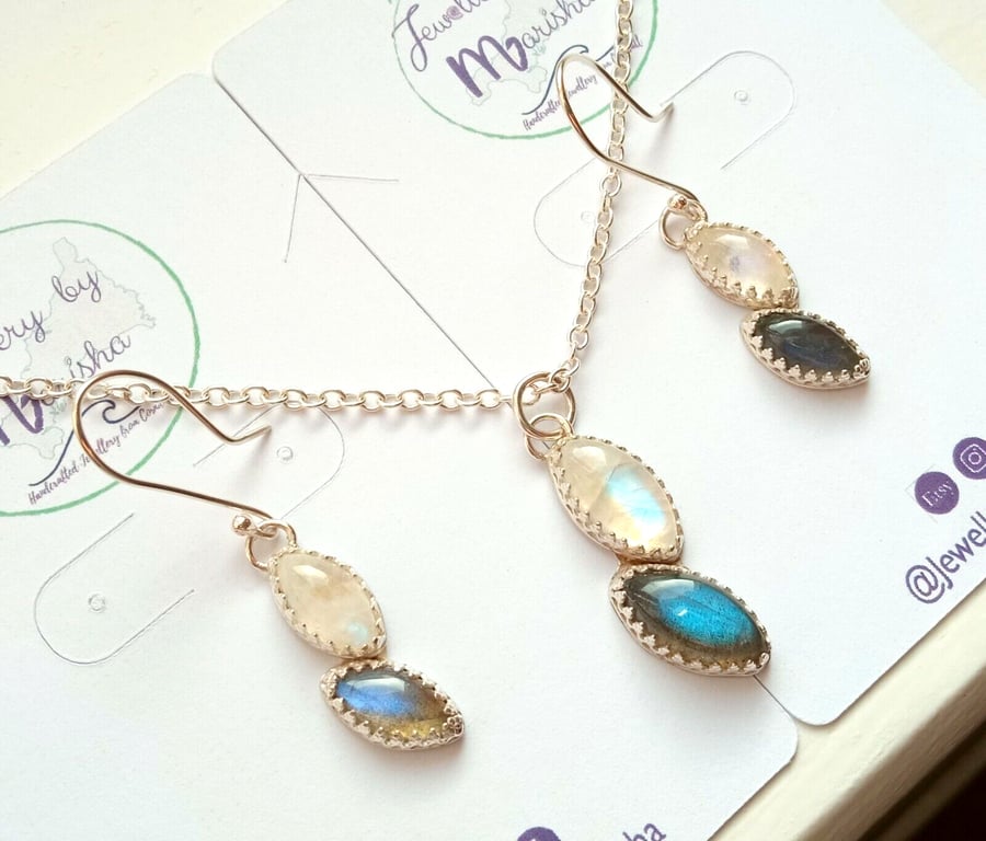 Silver Necklace Earrings Moonstone Labradorite Jewellery Gift Set in Box