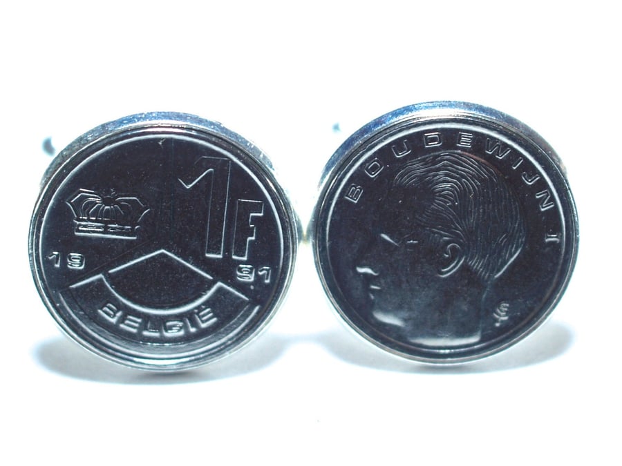Belgie 1 Franc Coin Cufflinks mounted in Silver Plated Cufflink Backs