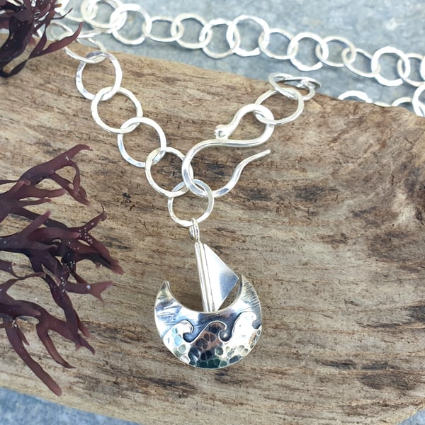 Sterling silver sailing boat pendant with handmade chain
