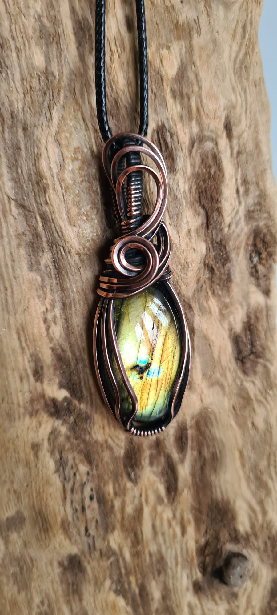 Handmade Natural Gold Yellow Labradorite & Copper Necklace Pendant Gift Boxed 