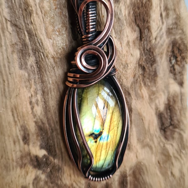Handmade Natural Gold Yellow Labradorite & Copper Necklace Pendant Gift Boxed 