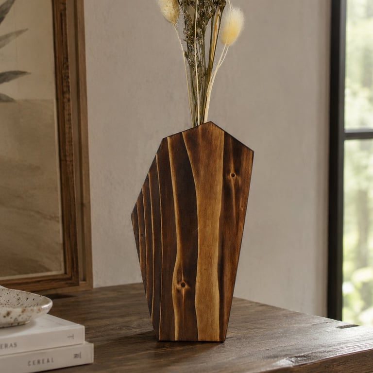 Tall Angular Wood Vase & Dried Flowers