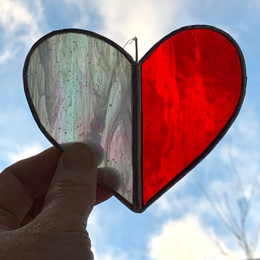 Stained Glass Heart Suncatcher - Handmade Hanging Decorations - Red and White