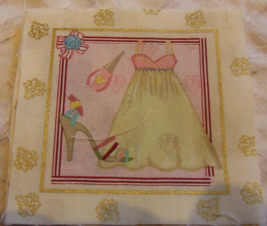 100% cotton fabric squares. Green,pink dress, Shoes, perfume (77)