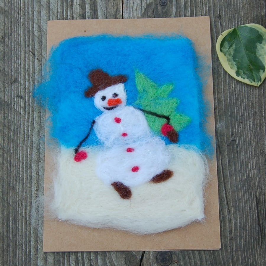 Christmas card, Happy Snowman with Xmas tree, Needle felt wool card