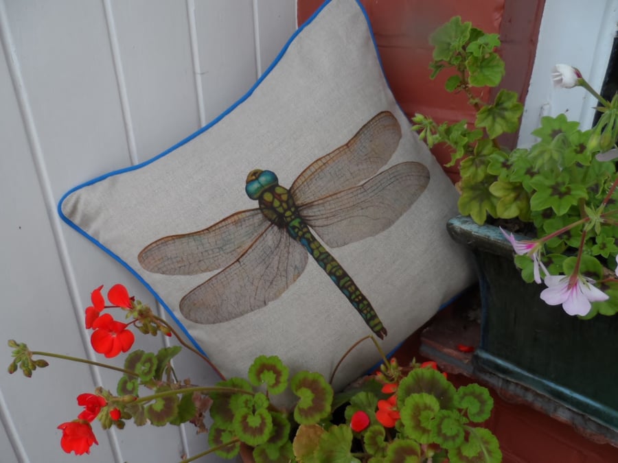  Dragonfly print square linen cushion pillow.
