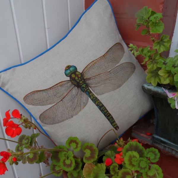  Dragonfly print square linen cushion pillow.