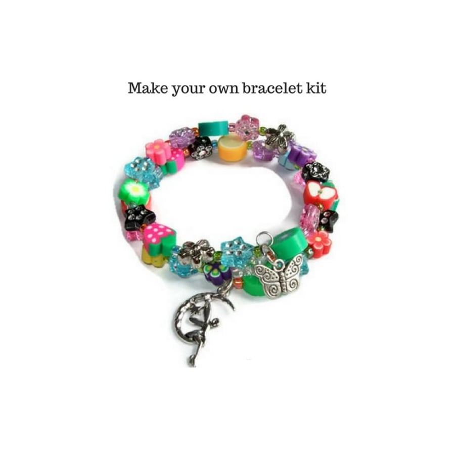 Bracelet kit with memory wire and multi coloured beads and charm dangles.