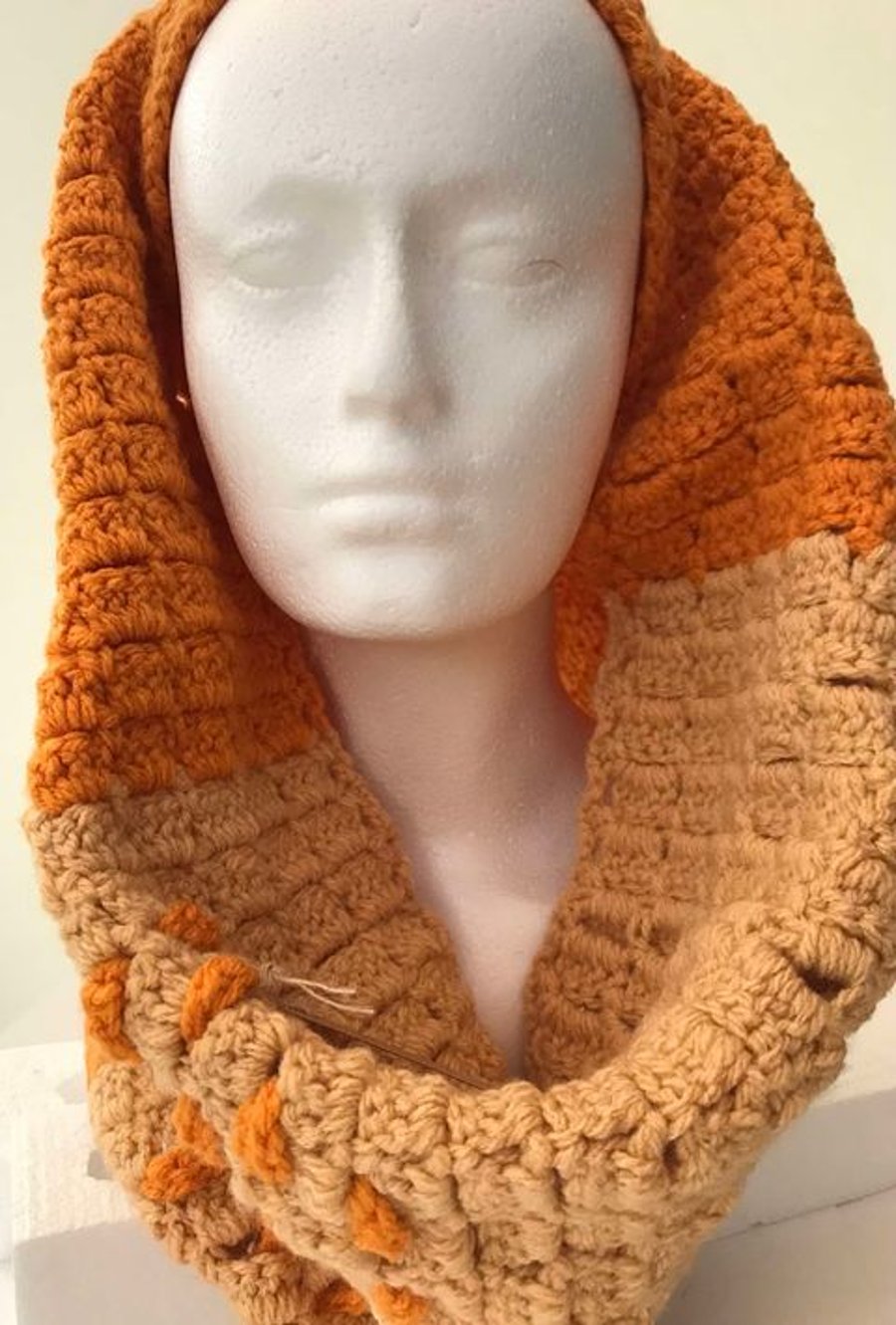 Latte orange crochet hooded scarf with orange insert lace