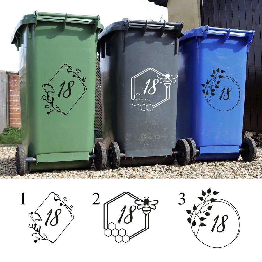 Wheelie Bin Sticker Home Number Bumble Bee, Flower and Leaf Designs