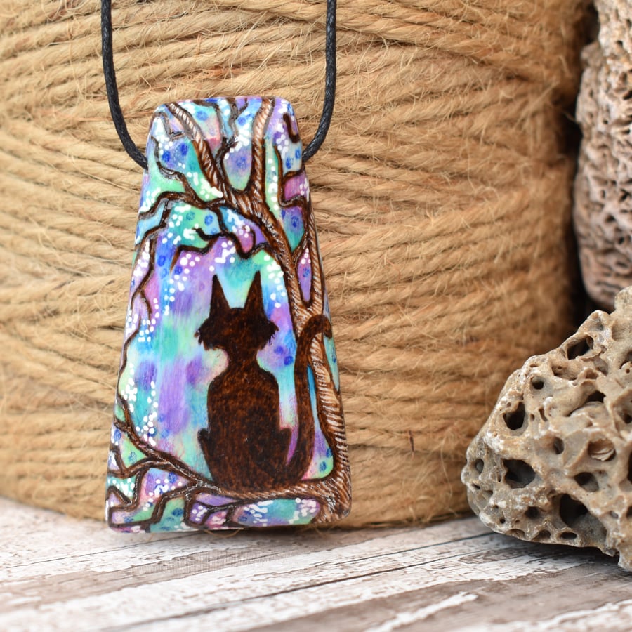 SALE Cat at twilight pyrography pendant. Wooden necklace, wood anniversary. 
