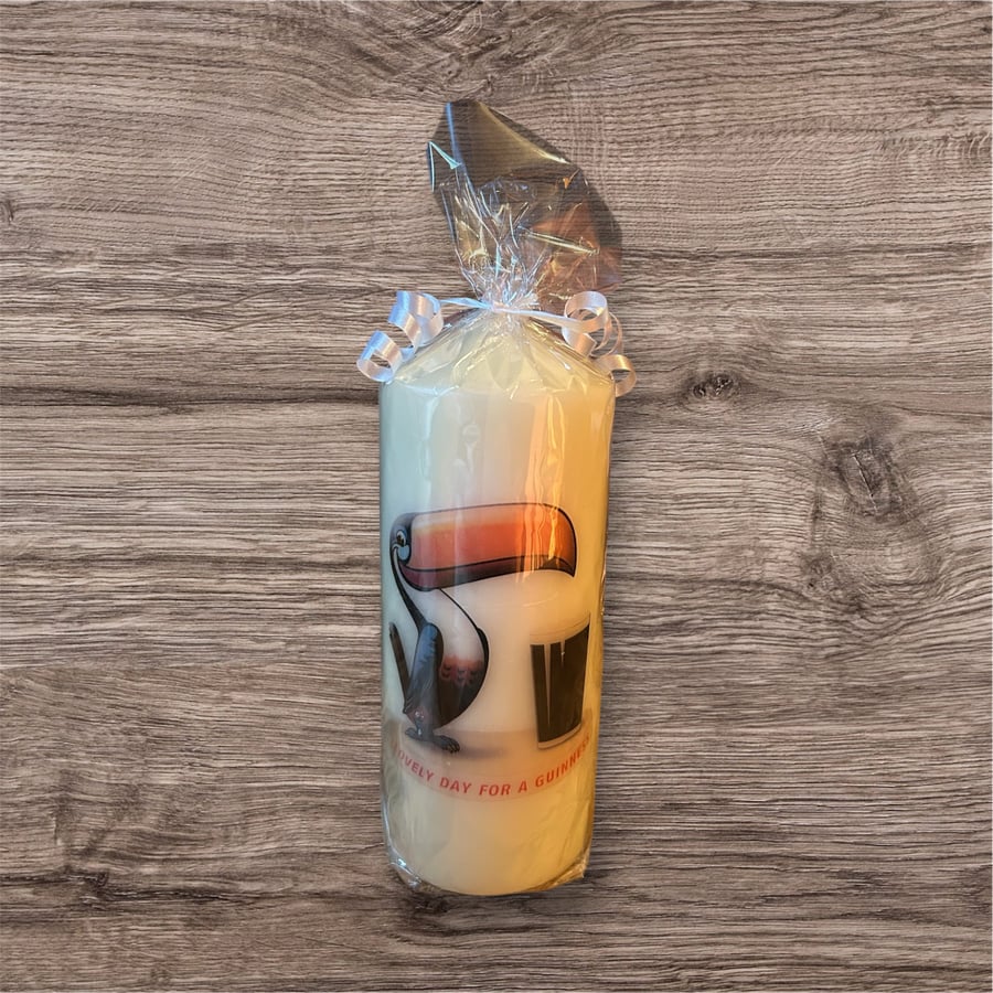 Handmade decoupage Guinness Toucan inspired pillar candle 16x7cm