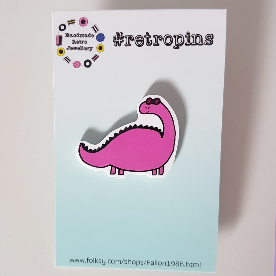 Retropins - Pink Girl Dinosaur shrink plastic pin