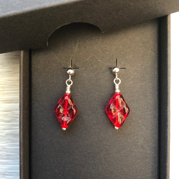 Red diamond glass drop post earrings. Sterling silver 