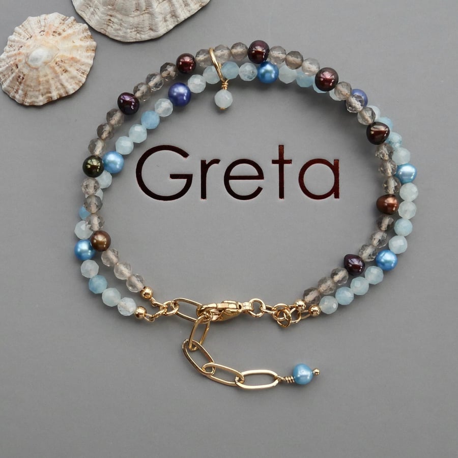 Two Strand Bracelet with Pearls and Gemstones - Adjustable Gold Filled Clasp