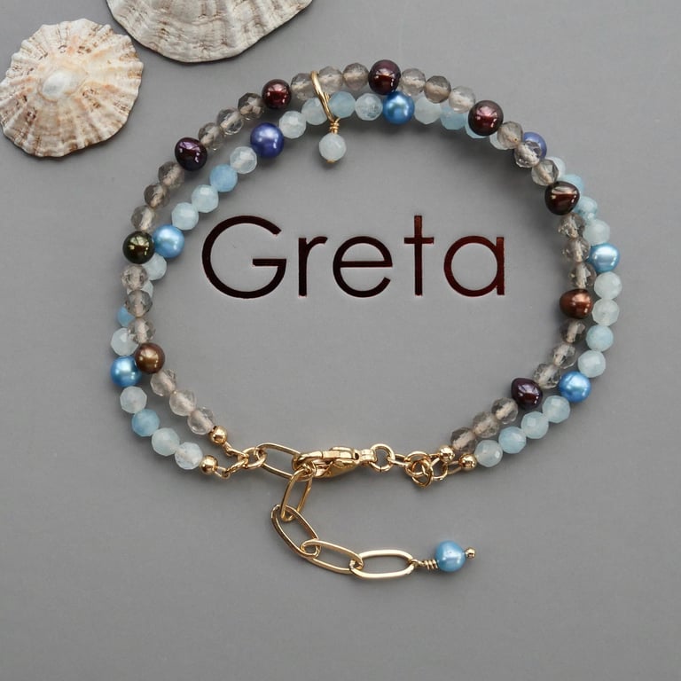Two Strand Bracelet with Pearls and Gemstones - Adjustable Gold Filled Clasp