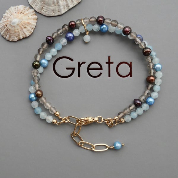 Two Strand Bracelet with Pearls and Gemstones - Adjustable Gold Filled Clasp