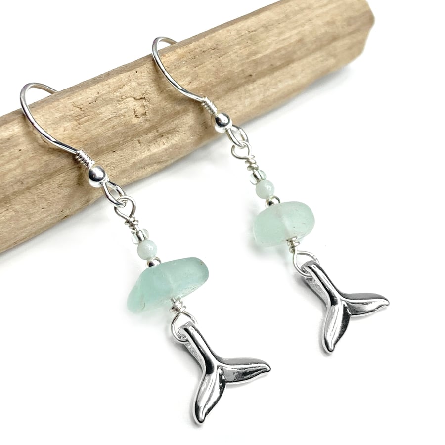 Whale Earrings. Green Sea Glass & Amazonite Crystal Beads. Silver Jewellery