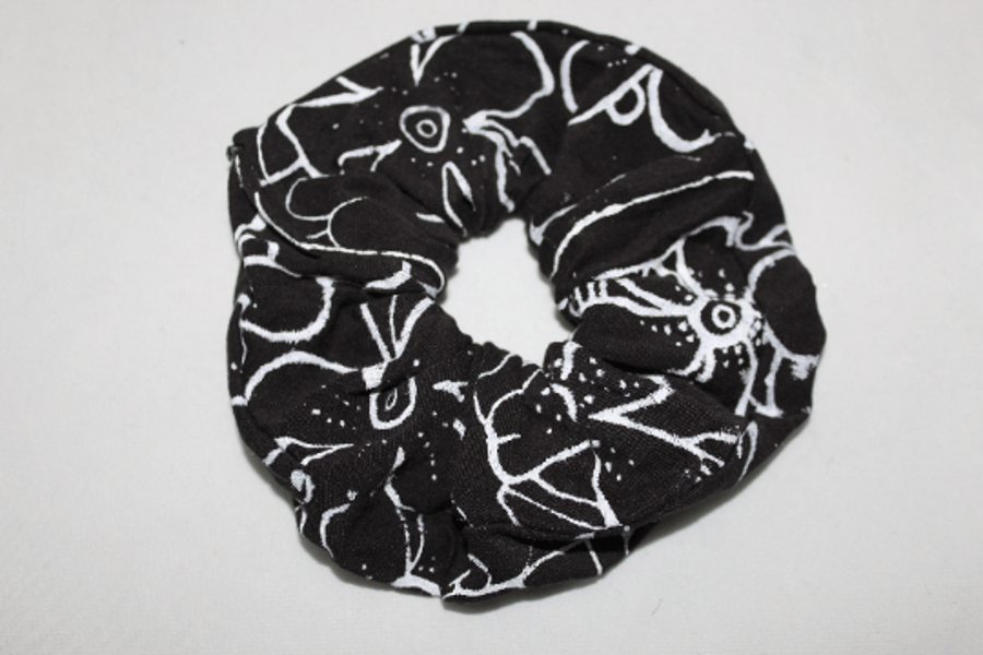 Black & white hair scrunchie hand print floral,Eco hair accessory,gift