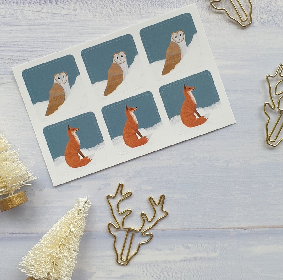 Fox and Barn Owl Christmas Envelope Stickers