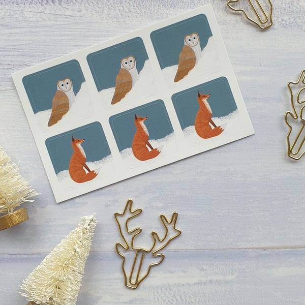 Fox and Barn Owl Christmas Envelope Stickers