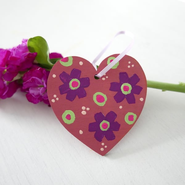 Dusty Pink Hanging Decoration, Valentine Heart Gift, Purple Flowers Artwork