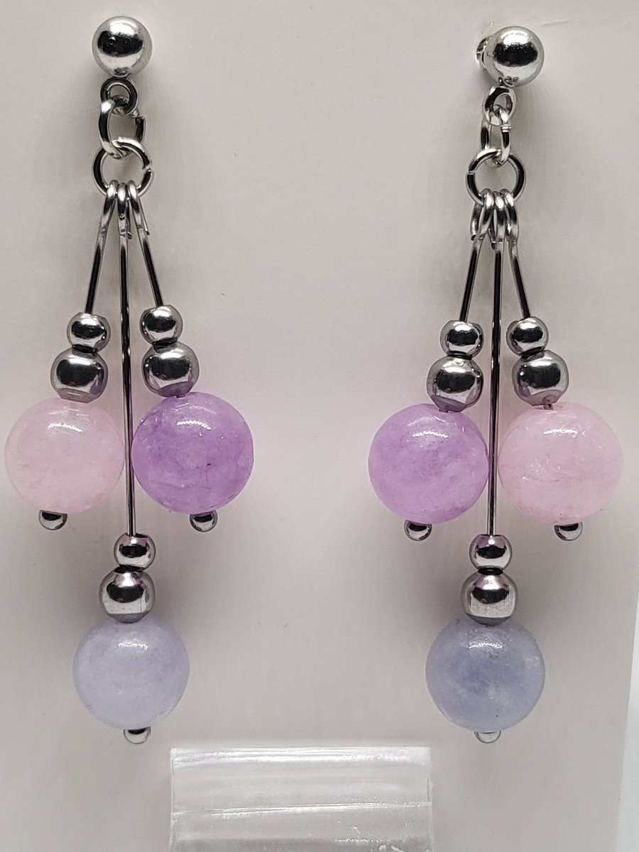 Morganite Gradient Triple Drop Earrings – Stainless Steel Handmade Earrings