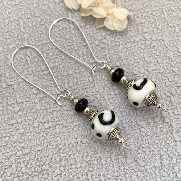 Boho Lampwork Glass Black and White Drop Earrings