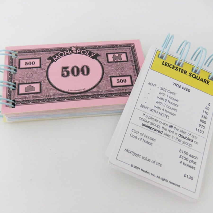 Upcycled Monopoly notebooks - set of 2 notebooks made from Monopoly money and Leicester Square  Property Card 
