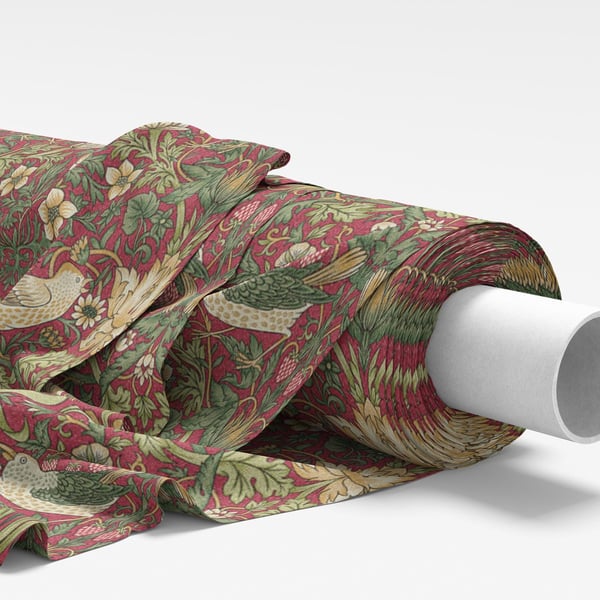 William Morris Fabric - Strawberry Thief Crimson Red - Soft Furnishing Fabric