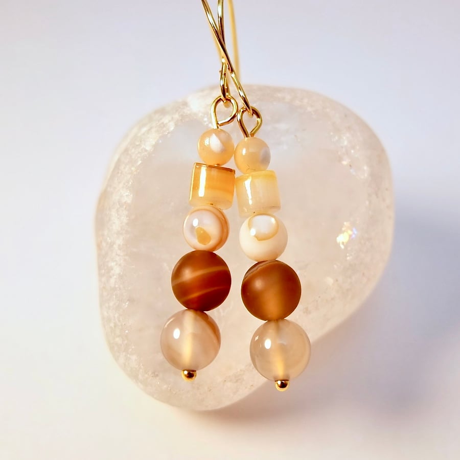 Brown Agate And Shell Earrings - Handmade In Devon