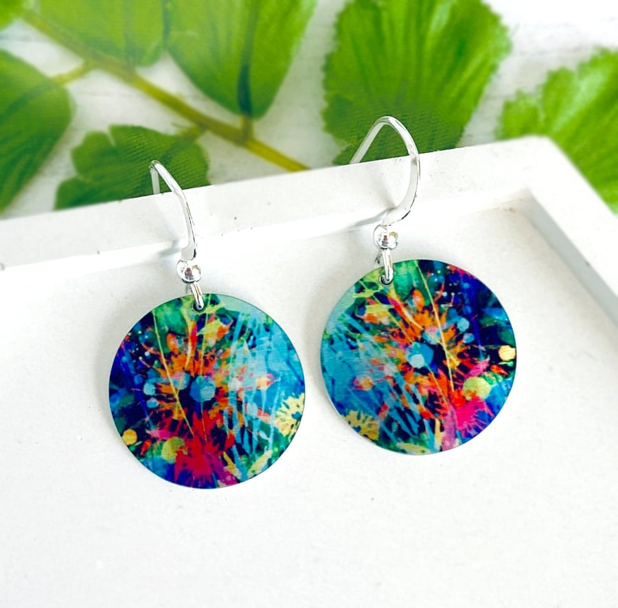 Earrings, abstract floral discs dangle on sterling silver ear wires (504)