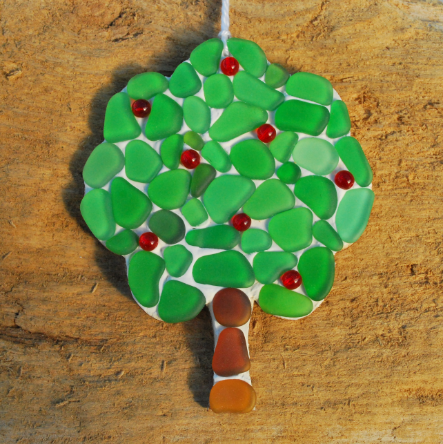 Beach glass mosaic apple tree hanger