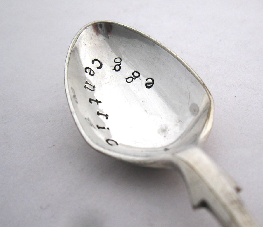Egg spoon with terrible pun, eggcentric, handstamped Easter gift