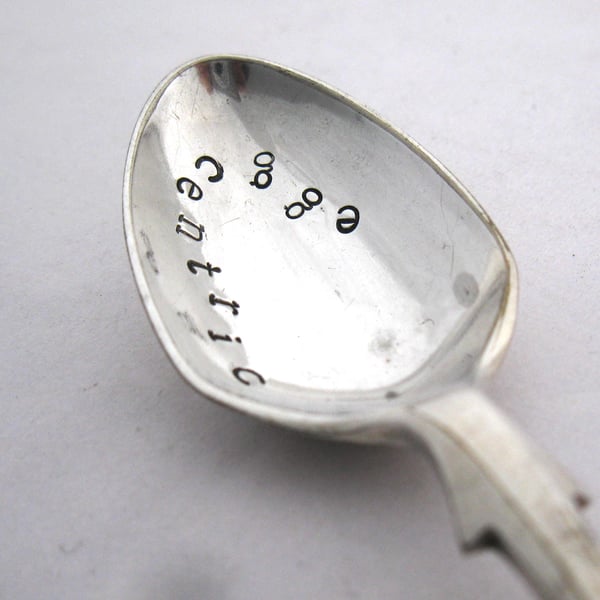 Egg spoon with terrible pun, eggcentric, handstamped Easter gift