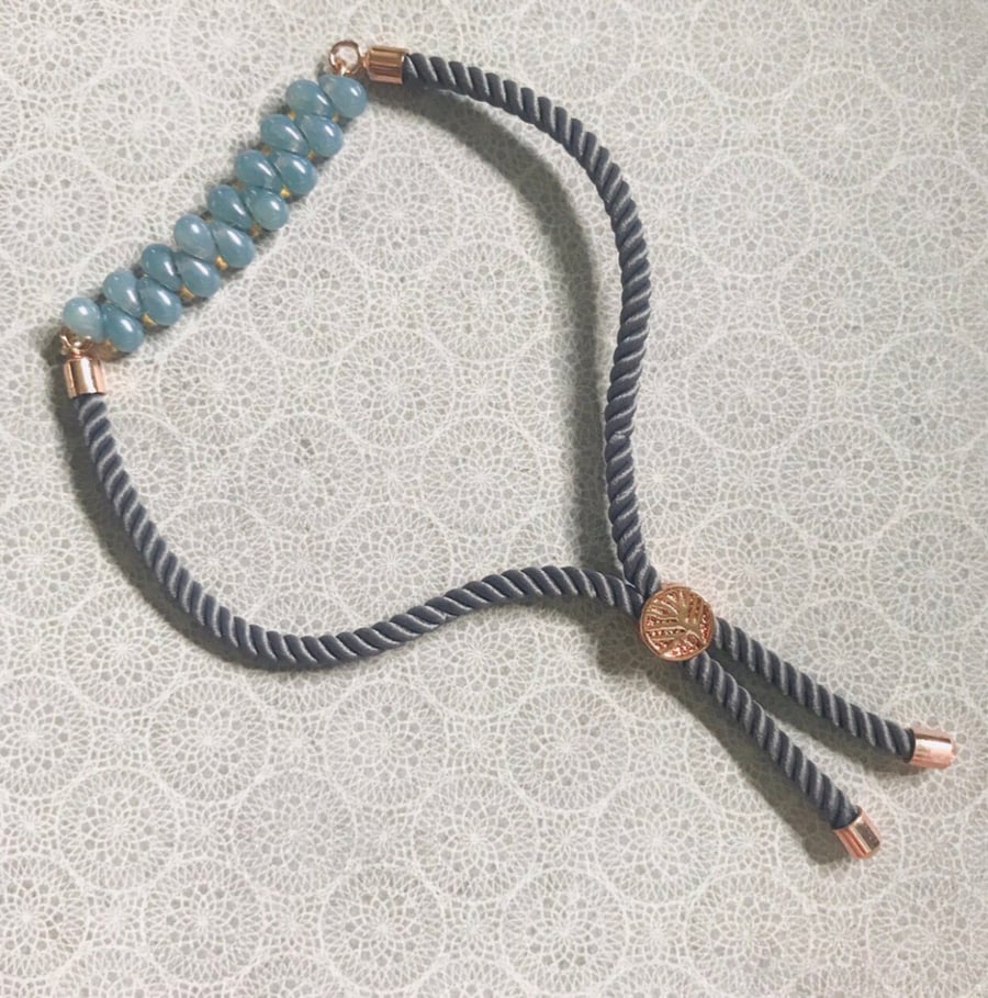 Gray Cord Beaded Bracelet With Czech Glass Beads
