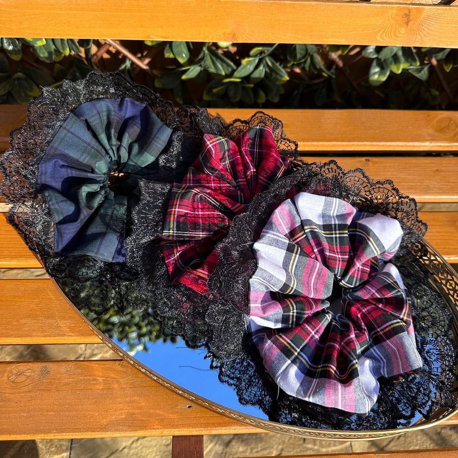 Gingham Lace Scrunchies, Frilly Scrunchies, Black Lace Check Scrunchies