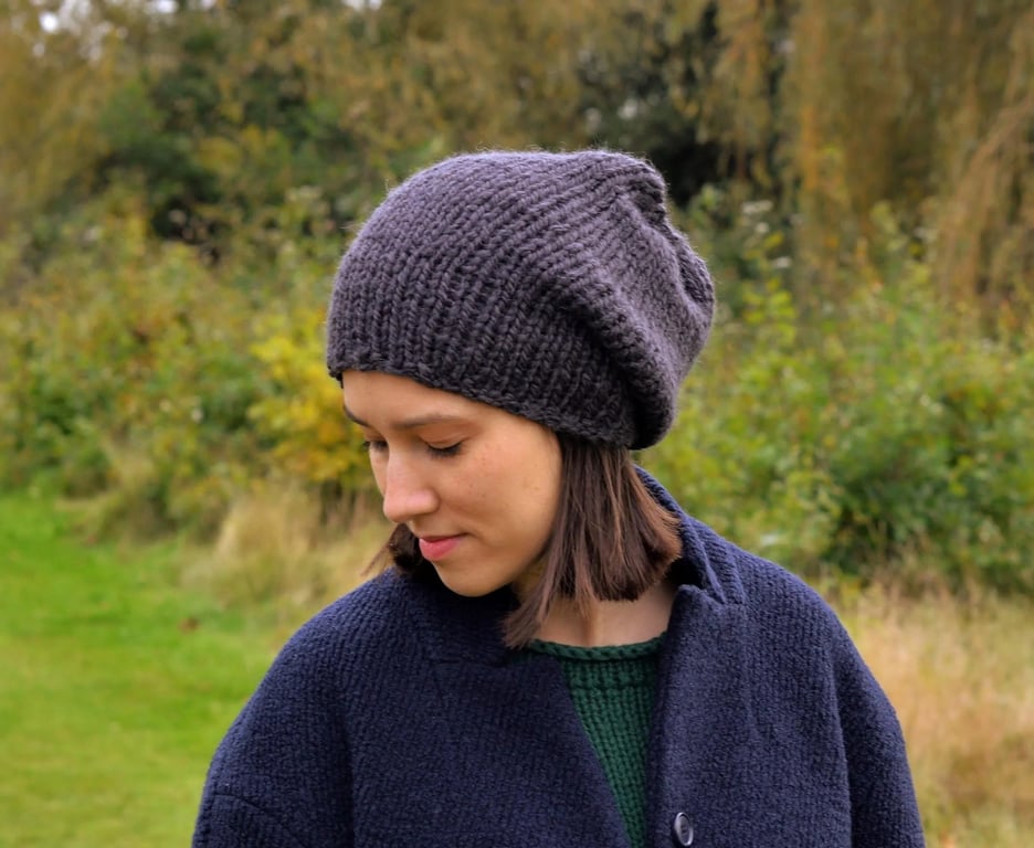 Hand Knitted Slouchy Beanie, Unisex Chunky Winter Beanie, Slate