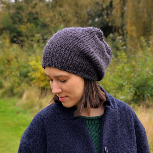 Hand Knitted Slouchy Beanie, Unisex Chunky Winter Beanie, Slate
