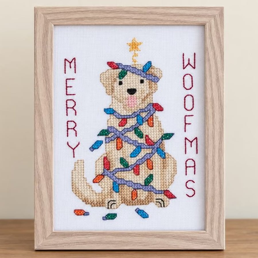 Image of Merry Woofmas – Handmade Framed Dog Christmas Cross Stitch
