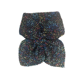 Hand Knitted Black Ascot Scarf With Multi Coloured Ribbon (R870)
